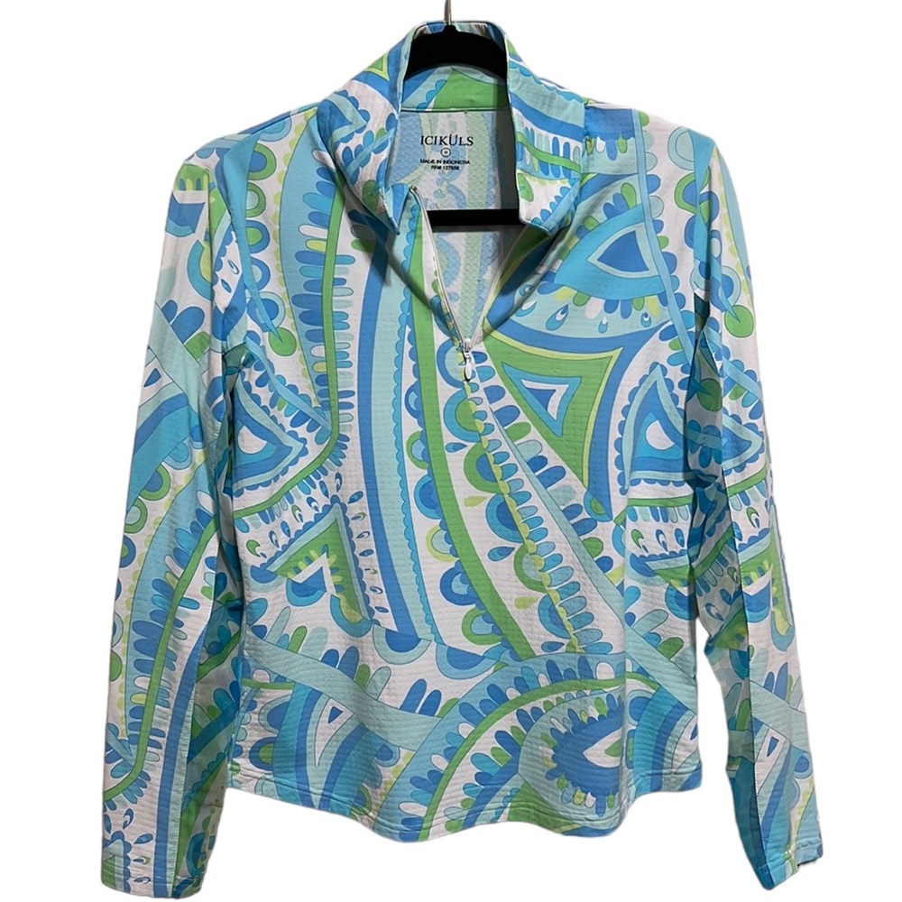 IBKUL ICIKULS Golf Women Medium Mesh Sleeve Zip Teal‎ White Top